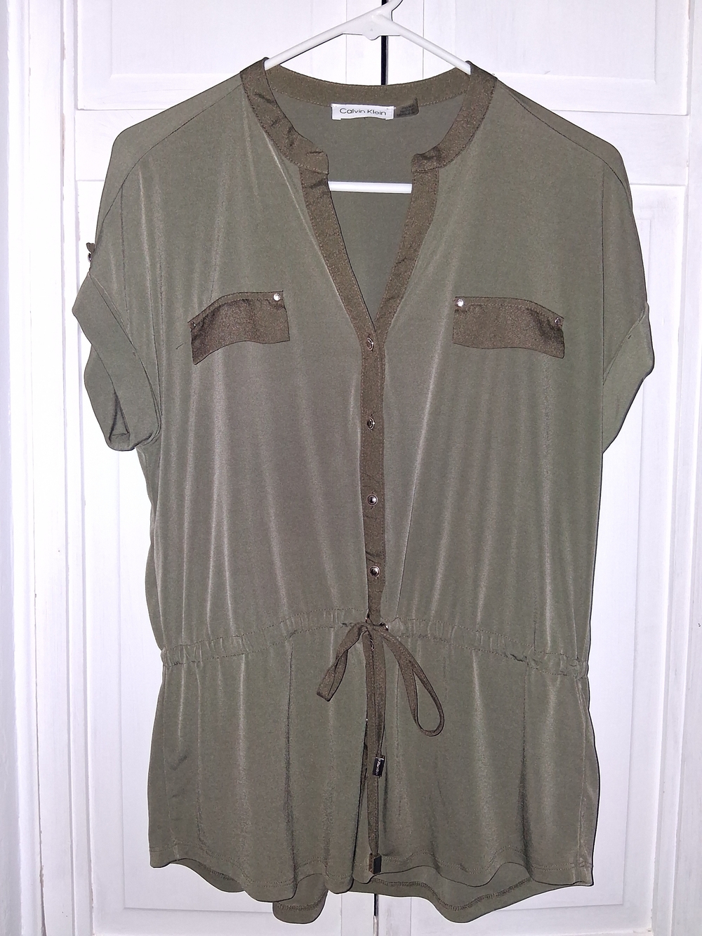 Calvin Klein Women's Olive Utility Button-Front Drawstring Top